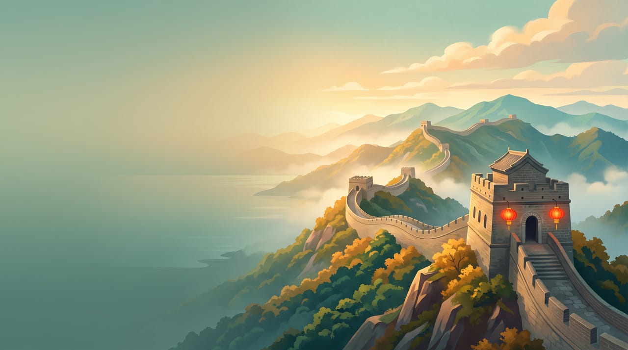 Illustration of the Great Wall of China winding over misty mountains at sunrise, with a watchtower and red lanterns
